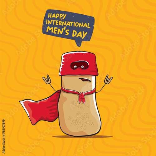 International mens day vector cartoon greeting card with funny cartoon cute brown super hero potato with red hero cape and mask on orange pattern background. Celebrating Men and Boys square banner
