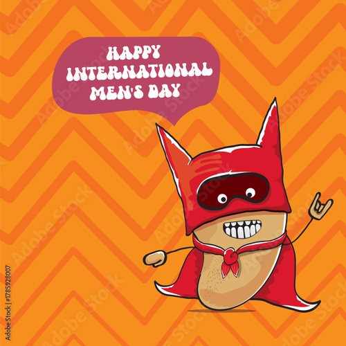 International mens day vector cartoon greeting card with funny cartoon cute brown super hero potato with red hero cape and mask on orange pattern background. Celebrating Men and Boys square banner
