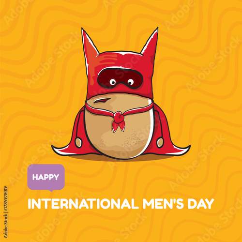 International mens day vector cartoon greeting card with funny cartoon cute brown super hero potato with red hero cape and mask on orange pattern background. Celebrating Men and Boys square banner