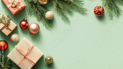 Festive Christmas Decorations with Gifts and Ornaments on Green Background
