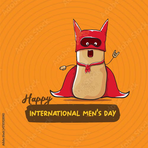 International mens day vector cartoon greeting card with funny cartoon cute brown super hero potato with red hero cape and mask on orange pattern background. Celebrating Men and Boys square banner