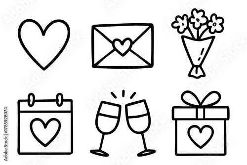Valentine’s Day icons doodle style. Vector stock illustration