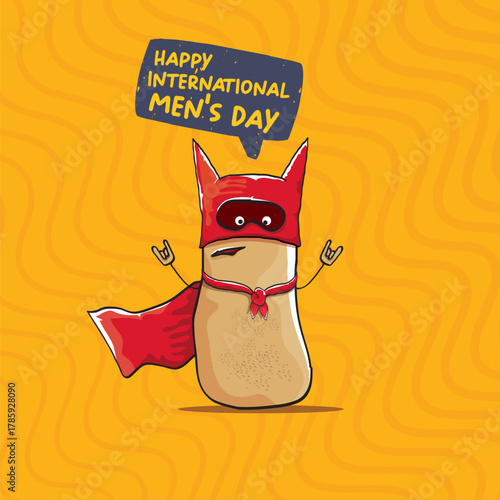 International mens day vector cartoon greeting card with funny cartoon cute brown super hero potato with red hero cape and mask on orange pattern background. Celebrating Men and Boys square banner