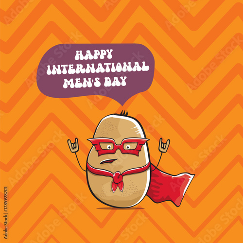 International mens day vector cartoon greeting card with funny cartoon cute brown super hero potato with red hero cape and mask on orange pattern background. Celebrating Men and Boys square banner