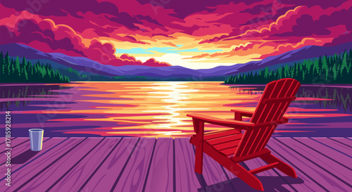 Vector illustration of a tranquil evening on a lake, with a red chair on a pier facing a stunning, colorful pixel art sunset over mountains