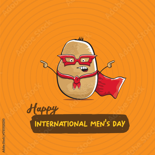 International mens day vector cartoon greeting card with funny cartoon cute brown super hero potato with red hero cape and mask on orange pattern background. Celebrating Men and Boys square banner