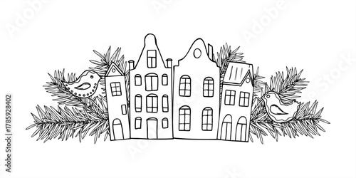 European houses among spruce branches and abstract birds vector isolated illustration in holiday winter style. Town silhouettes and pine evergreen black and white drawing for Xmas greeting cards