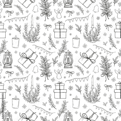 Holiday Christmas vector seamless isolated patten. Burning candle, leaf branches, gift boxes, lamp and decorative Xmas elements. Monochrome ornate painted by inks for textile, packaging paper