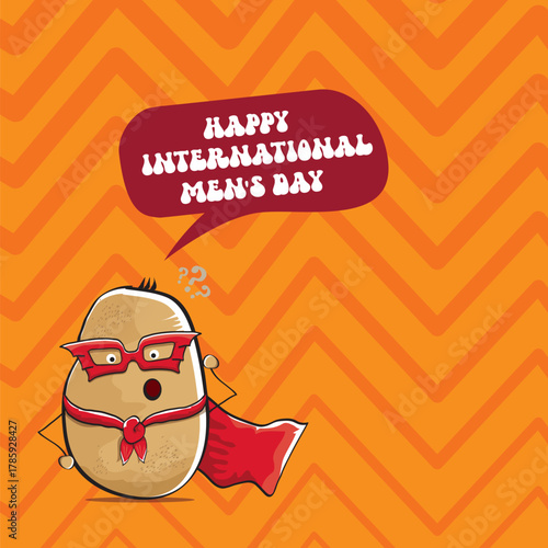 International mens day vector cartoon greeting card with funny cartoon cute brown super hero potato with red hero cape and mask on orange pattern background. Celebrating Men and Boys square banner