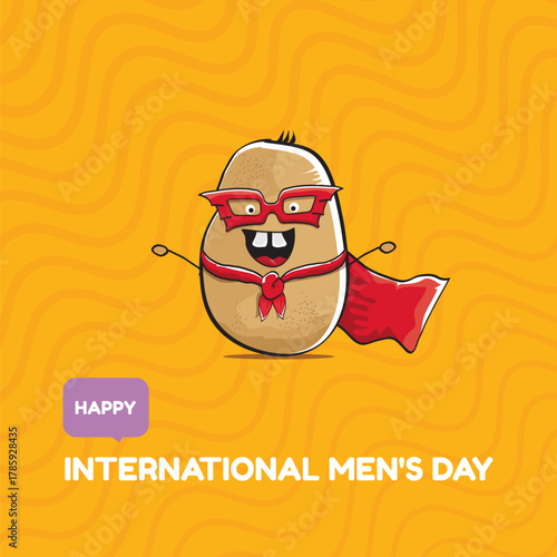 International mens day vector cartoon greeting card with funny cartoon cute brown super hero potato with red hero cape and mask on orange pattern background. Celebrating Men and Boys square banner