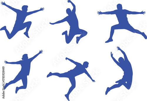 Six Blue Silhouettes of People Jumping and Posing on White Background action