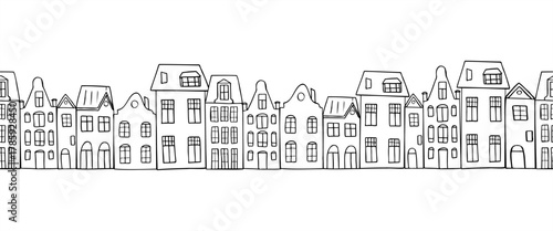 Old street with houses in Amsterdam style seamless banner painted by black inks. Vector monochrome European various buildings horizontal pattern. Illustration for Xmas textile, travel blogs