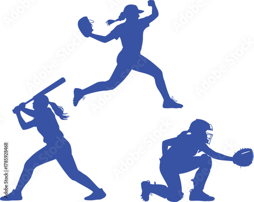 Softball players silhouettes pitching batting catching on white background vector illustration