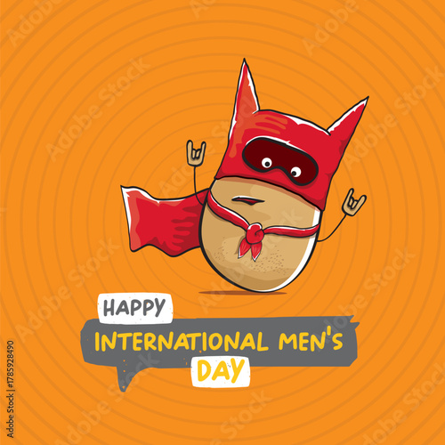 International mens day vector cartoon greeting card with funny cartoon cute brown super hero potato with red hero cape and mask on orange pattern background. Celebrating Men and Boys square banner