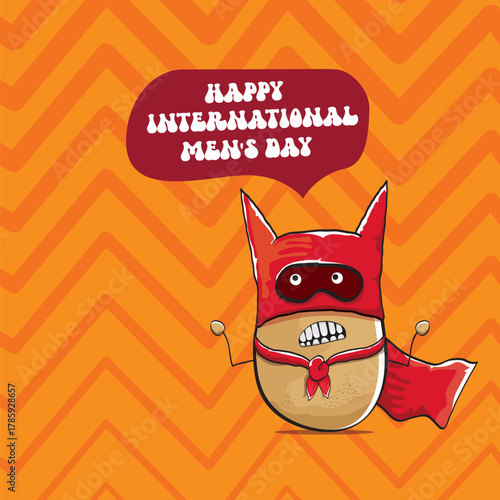 International mens day vector cartoon greeting card with funny cartoon cute brown super hero potato with red hero cape and mask on orange pattern background. Celebrating Men and Boys square banner
