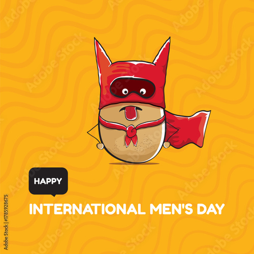 International mens day vector cartoon greeting card with funny cartoon cute brown super hero potato with red hero cape and mask on orange pattern background. Celebrating Men and Boys square banner