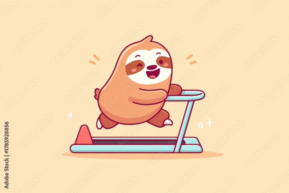 Naklejka premium A cute cartoon sloth happily running on a treadmill, with a joyful expression and colorful background