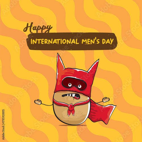 International mens day vector cartoon greeting card with funny cartoon cute brown super hero potato with red hero cape and mask on orange pattern background. Celebrating Men and Boys square banner