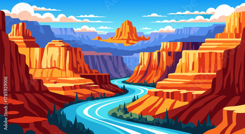 Grand Canyon Landscape Illustration with River and Cliffs