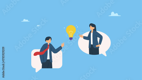 Colleague standing on speech bubble talking about new ideas. Business communication, work discussion or conversation to gathering new idea concept, business people.