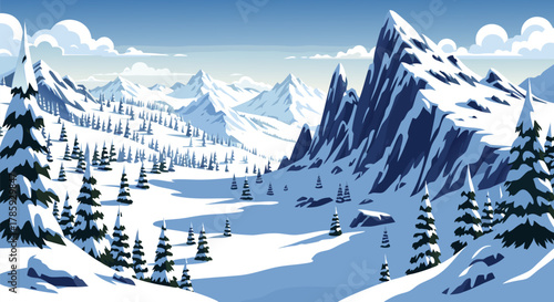 A serene winter landscape featuring towering snow-capped mountains, a pristine valley, and scattered pine trees under a clear blue sky, ideal for tranquil nature concepts