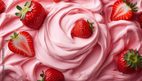 The texture of creamy strawberry ice cream or yogurt from above is perfect for summertime meals.