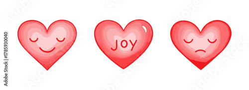 Cartoon red hearts with emotional expressions. Each symbol conveys joy, peace, or sadness through simple lines. Perfect for love, emotion, or communication themes