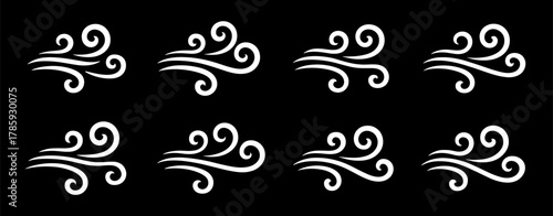 White wind swirl symbols on black background showing flowing motion. Elegant vector illustration representing air, breeze and movement