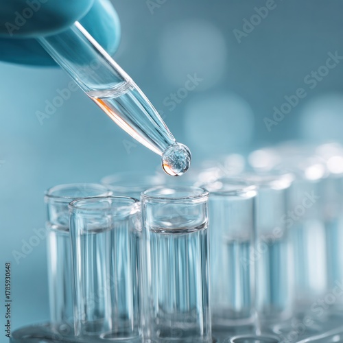Scientific experiment dropper action in laboratory glass test tubes macro photography clinical environment close-up perspective