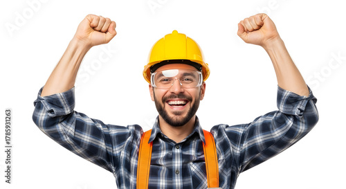 Cheerful construction worker in hardhat and safety glasses raising arms isolated on transparent background