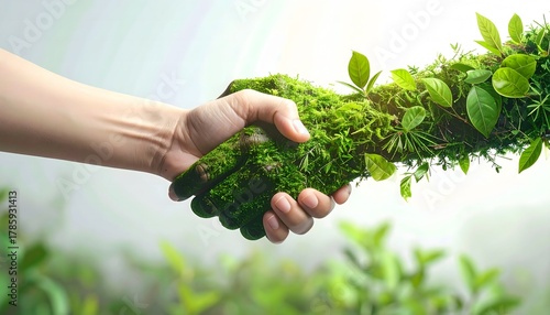 Symbol of environmental partnership, a green handshake between humanity and nature for sustainability
