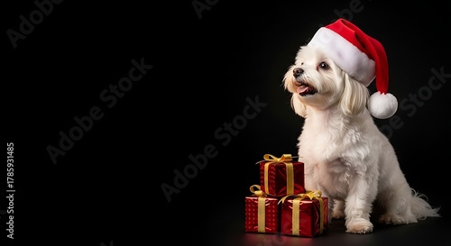 Adorable Maltese Dog Celebrating Christmas with Gifts and Santa Hat.