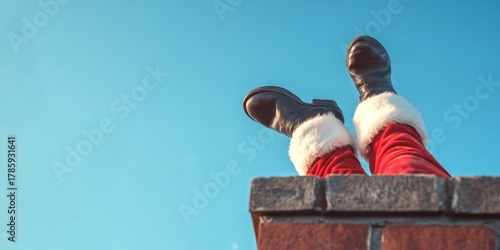 Merry Christmas xmas holiday celebration background, funny greeting card - Santa Claus with his head stuck in the chimney and his black boots pointing toward the blue sky