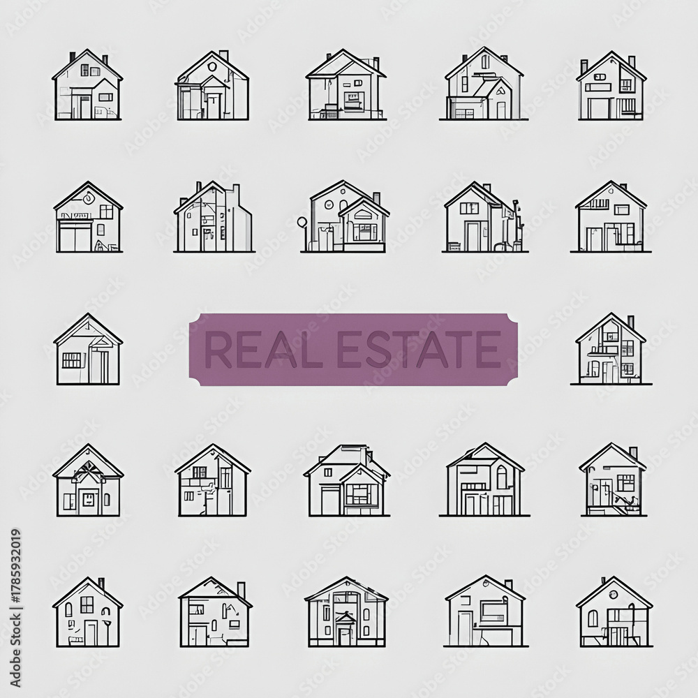 Fototapeta premium Set of 50 Real Estate Line Icons with Houses, Keys, and Property Symbols