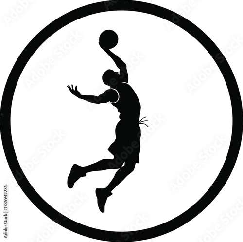 Basketball dunk icon vector—silhouette of airborne player with ball in circular frame for sports branding and athletic visuals 