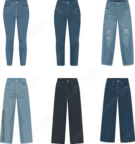 Create a kinds of deferent modern women jeans pant vector art with white background.