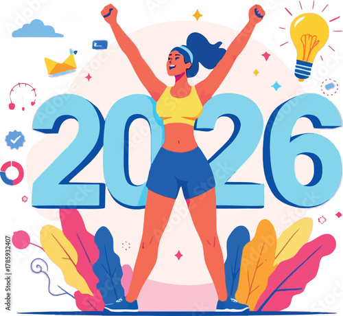 Vsai woman celebrating new year 2026 fitness goals and success