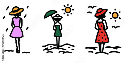 cartoon women at beach wearing sun hat, umbrella, polka dot dress under sun