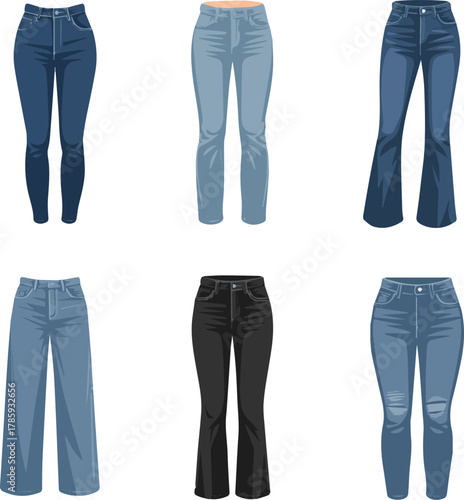 Create a kinds of deferent modern women jeans pant vector art with white background.