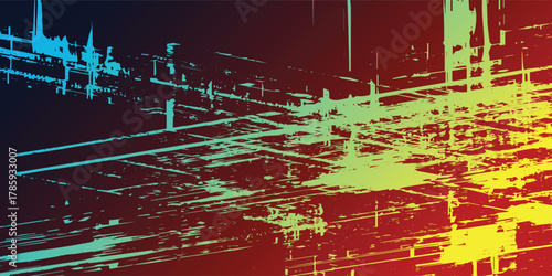 Abstract design features a blend of warm and cool hues, with linear patterns creating a dynamic effect against a gradient background transitioning from dark to light