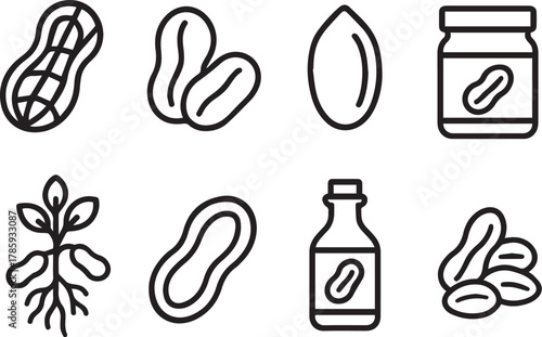 Peanut Icon Set -- Black and White Line Art of Whole Peanuts, Peanut Butter Jar, Peanut Oil Bottle, Plant, and Shelled Kernels for Food and Agriculture Projects