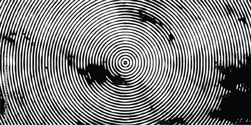 A hypnotic monochrome pattern features concentric circles in stark black and white, with contrasting elements creating a captivating visual effect and a strong sense of depth