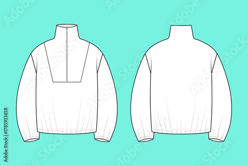 Relaxed Quarter-Zip Anorak Pullover Jacket Technical Flat Sketch with High Collar, Elastic Cuffs, and Chest Panel Detail