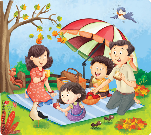 Happy Family Picnic in Autumn Park