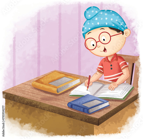 Boy Studying and Writing Homework at Desk