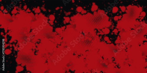 Bold red halftone patterns dominate against a contrasting black backdrop, creating an abstract and visually striking composition with a textured, grainy effect