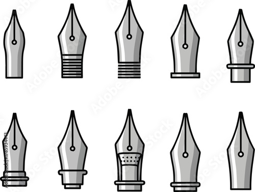 Create a kinds of deferent Fountain pen nib simple vector icon illustration material vector art with white background..