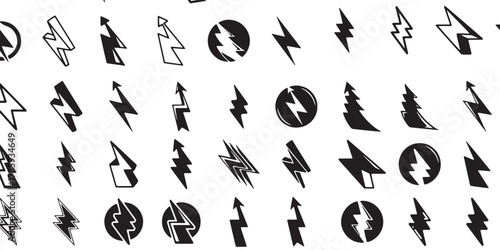 A striking seamless pattern displays a variety of hand-drawn black lightning bolt shapes and arrow designs on a bright white background, creating an energetic and modern feel