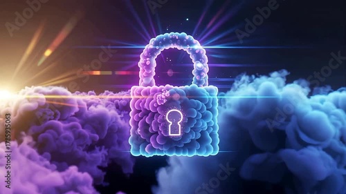 Glowing Lock Symbol in Clouds with Light Rays