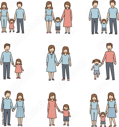 Create a kinds of deferent Simple vector illustration of a family of three vector art with white background..